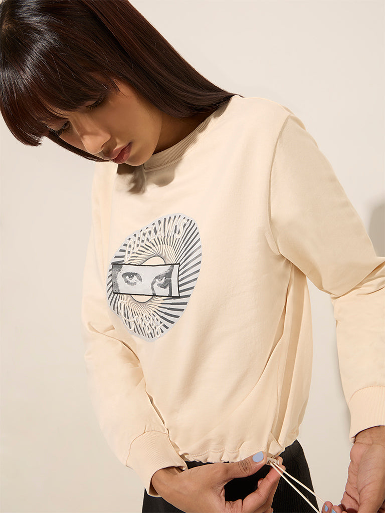 Studiofit Off-White Printed Cotton Sweatshirt