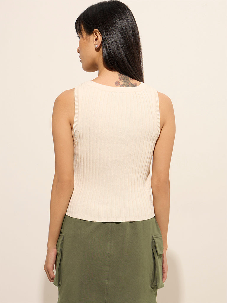 Studiofit Beige Ribbed Cotton Tank Top