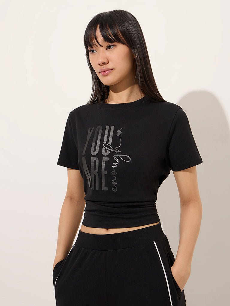 Studiofit Black Text Design Cotton T-Shirt