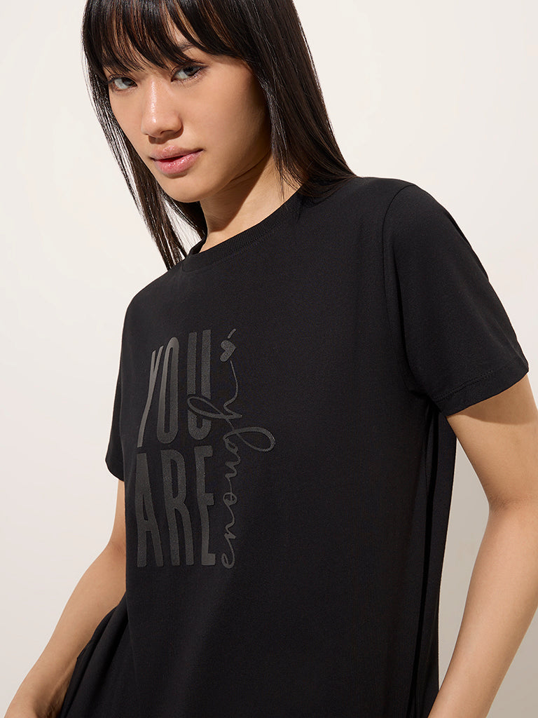 Studiofit Black Text Design Cotton T-Shirt