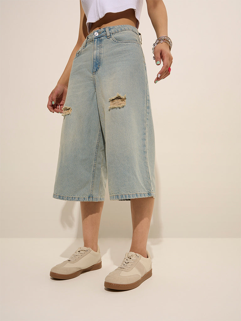 Nuon Light Blue Distressed Mid-Rise Jorts