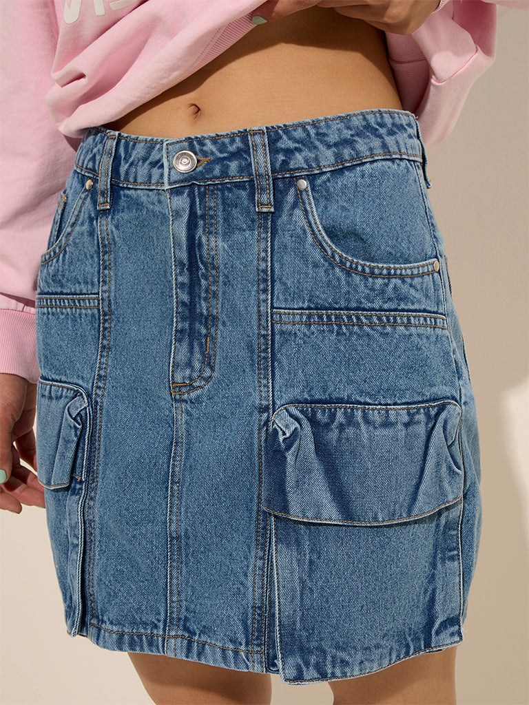 Nuon Blue Cargo-Style Mid-Rise Denim Skirt