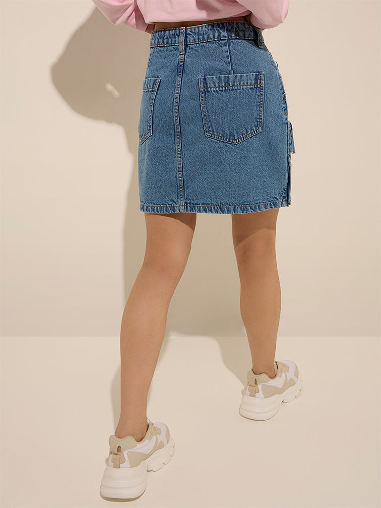 Nuon Blue Cargo-Style Mid-Rise Denim Skirt