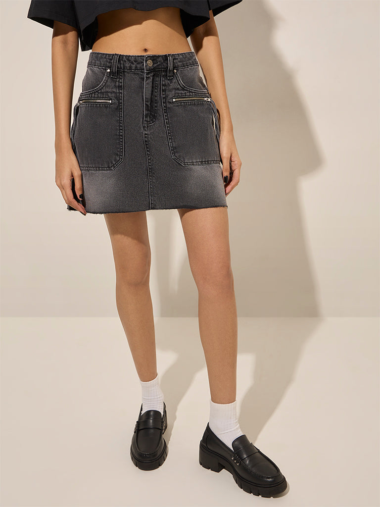 Nuon Grey Washed High-Rise Denim Skirt