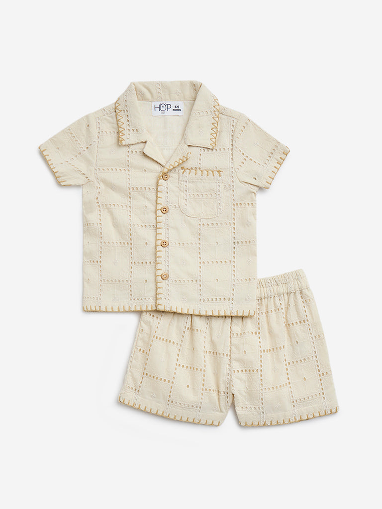 HOP Baby Beige Crochet Cotton Shirt and Shorts Set