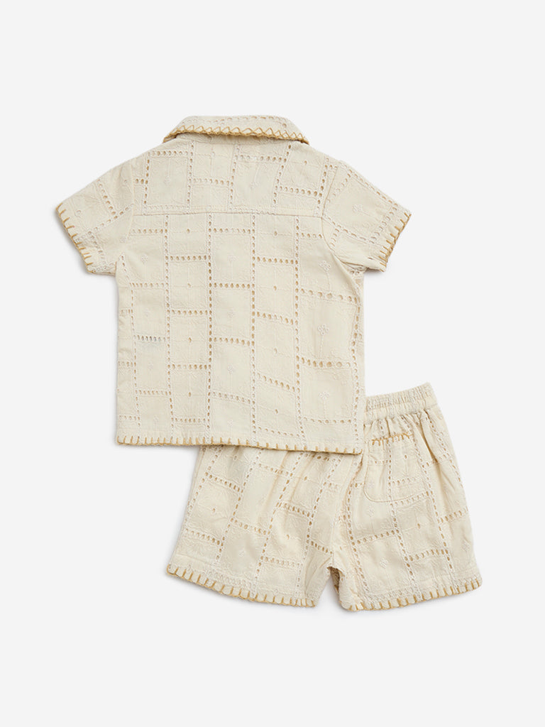 HOP Baby Beige Crochet Cotton Shirt and Shorts Set