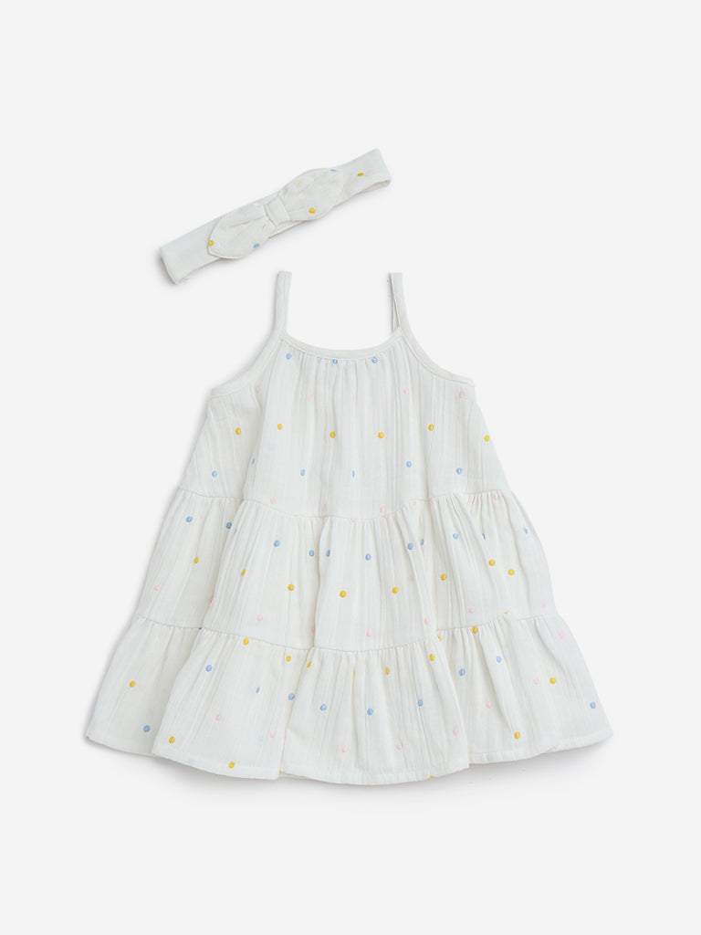 HOP Baby White Polka Dotted Tiered Cotton Dress & Headband