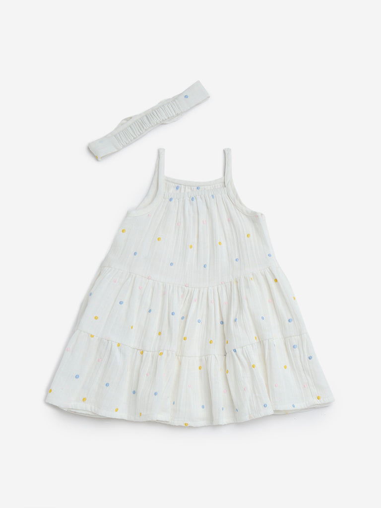 HOP Baby White Polka Dotted Tiered Cotton Dress & Headband