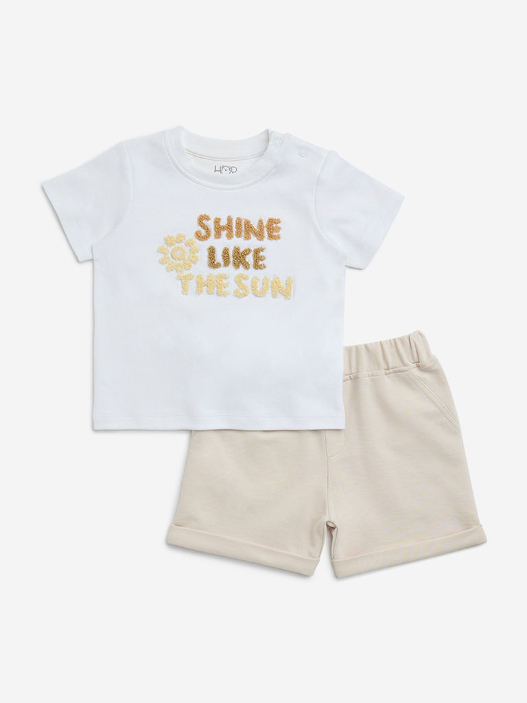 HOP Baby Beige Embroidered Cotton T-Shirt with Shorts Set