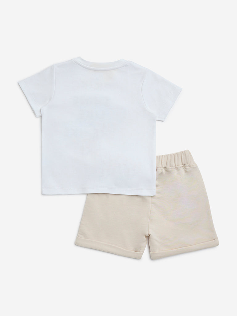 HOP Baby Beige Embroidered Cotton T-Shirt with Shorts Set