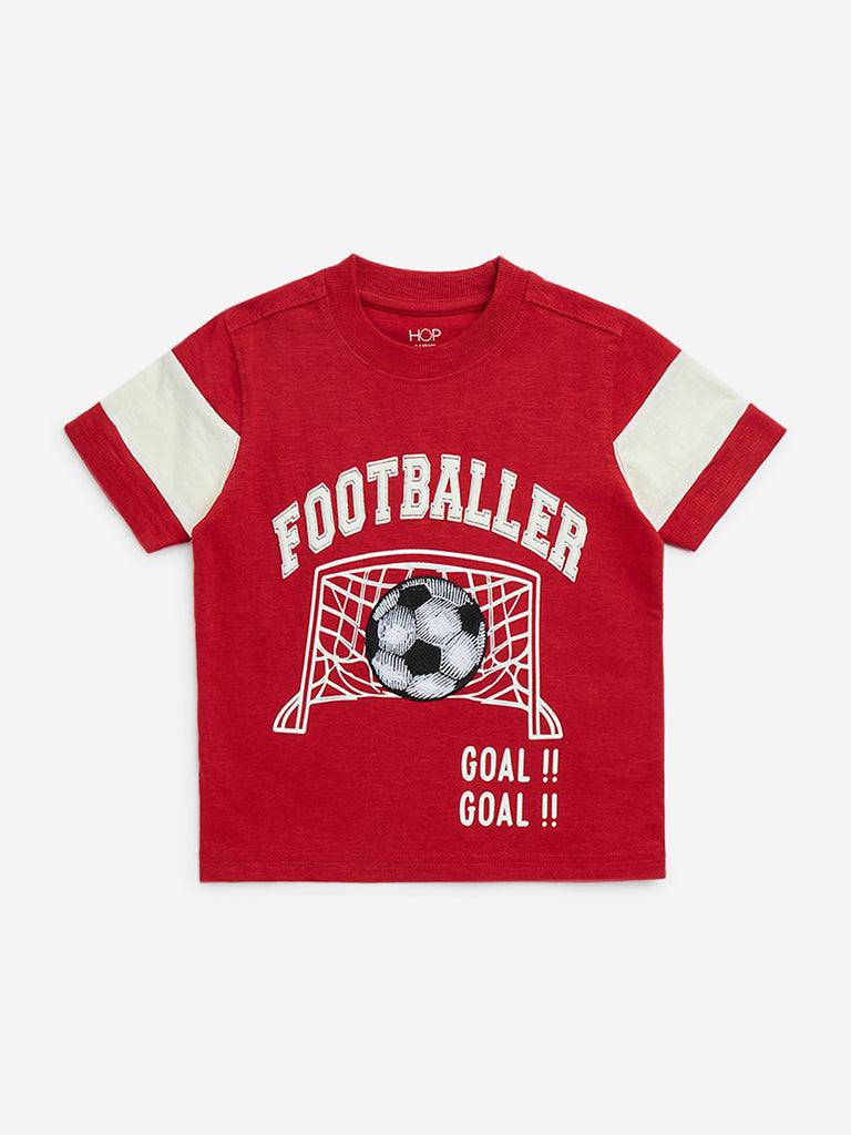 HOP Kids Red Football-Themed Cotton T-Shirt