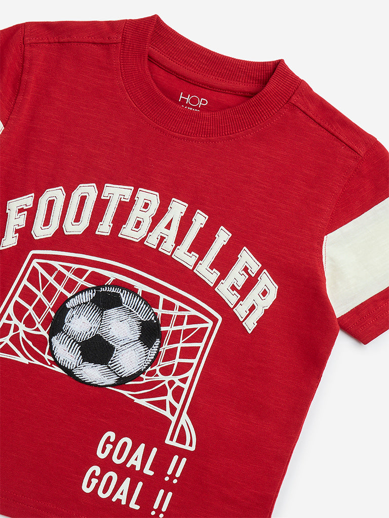 HOP Kids Red Football-Themed Cotton T-Shirt