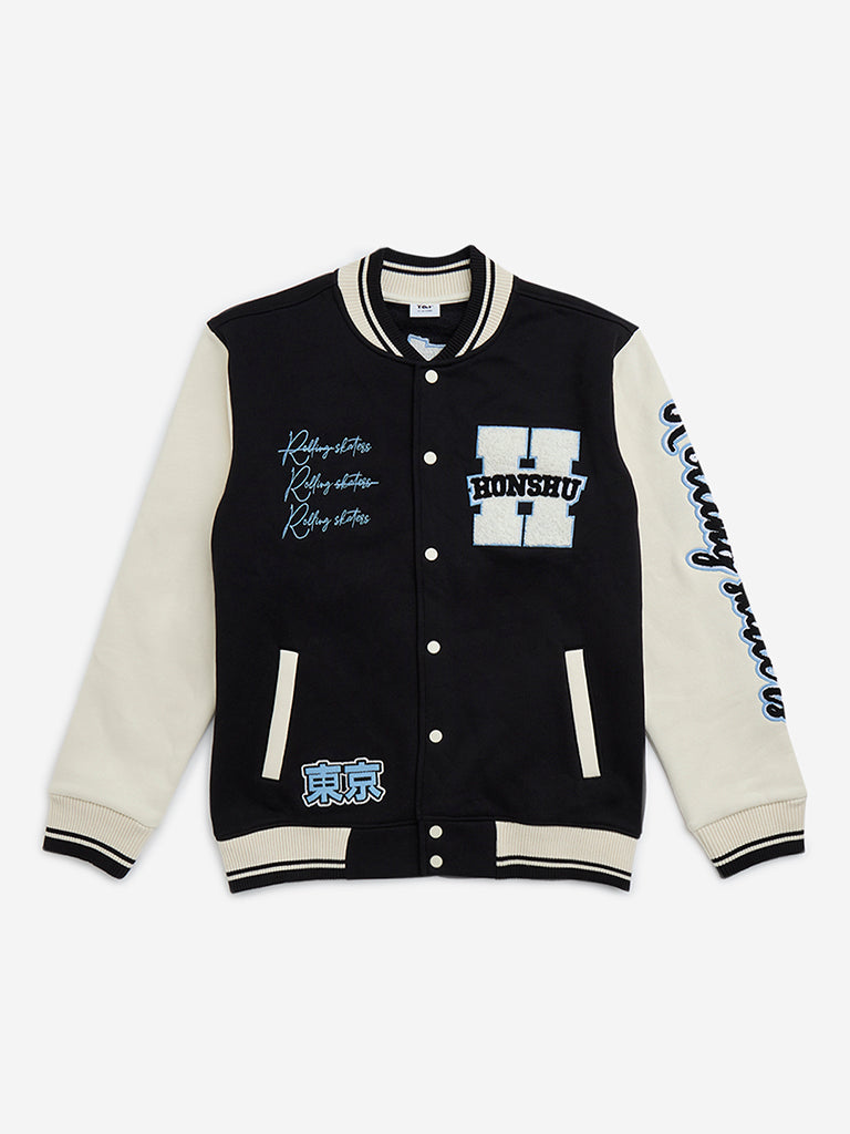 Y&F Kids Black Text Design Cotton-Blend Varsity Jacket