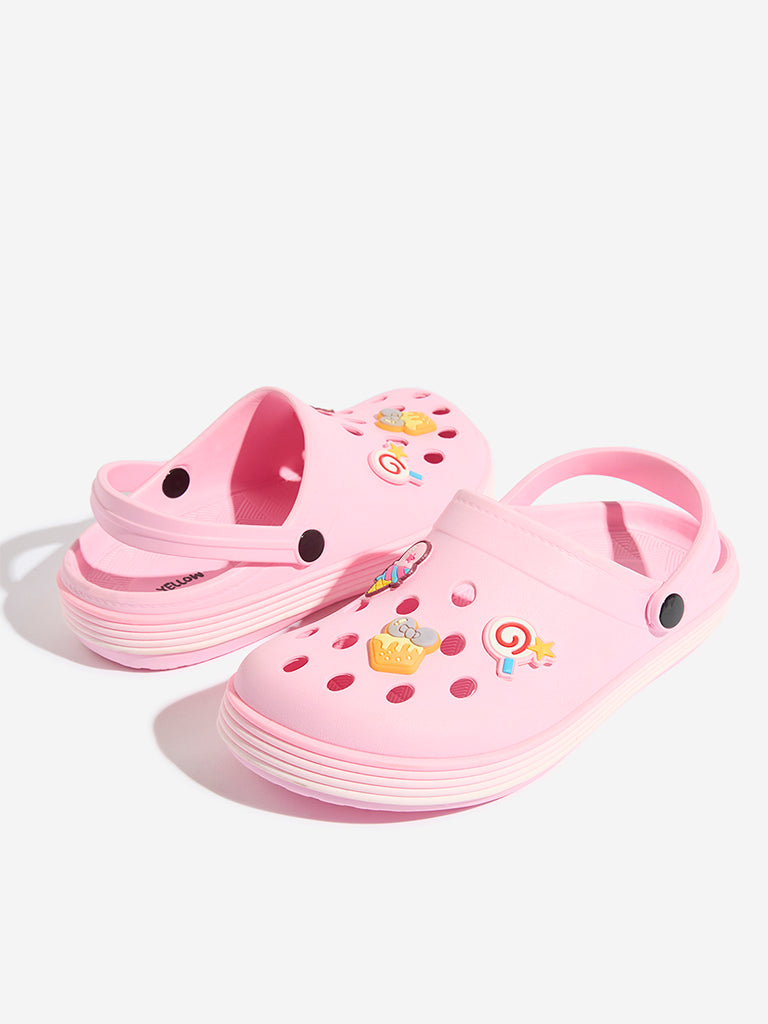 Yellow Pink Applique-Detailed Perforated Clogs