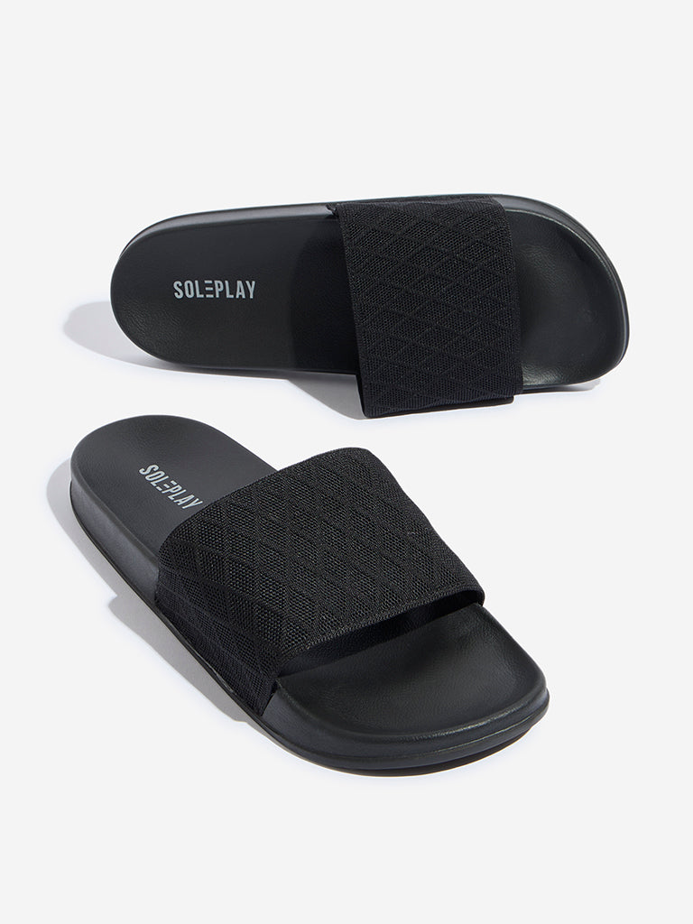 SOLEPLAY Black Cross Knit Slides