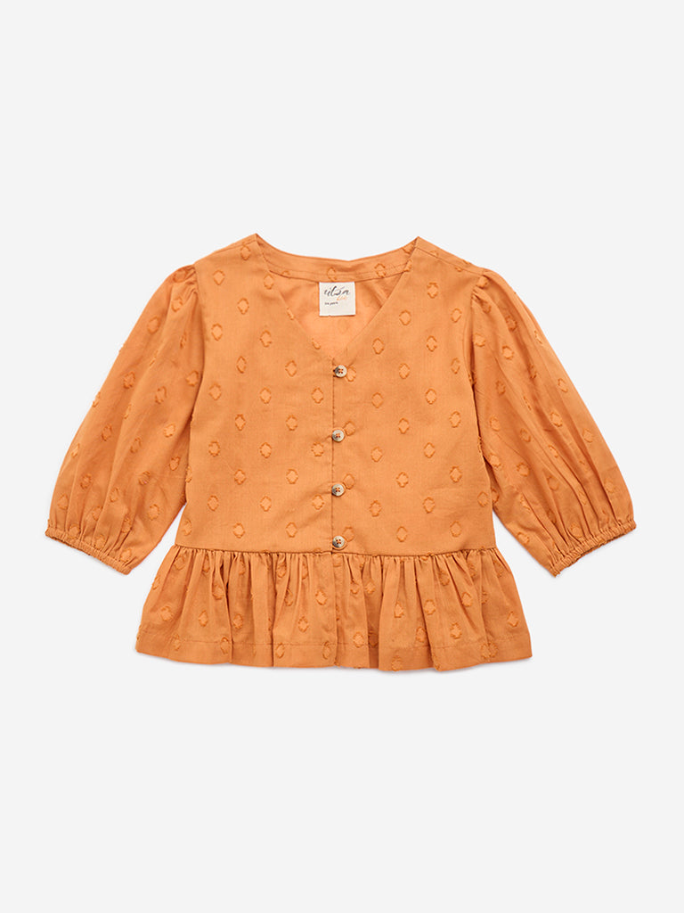 Utsa Kids Orange Embroidered Cotton Peplum Top