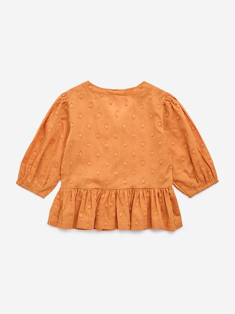 Utsa Kids Orange Embroidered Cotton Peplum Top