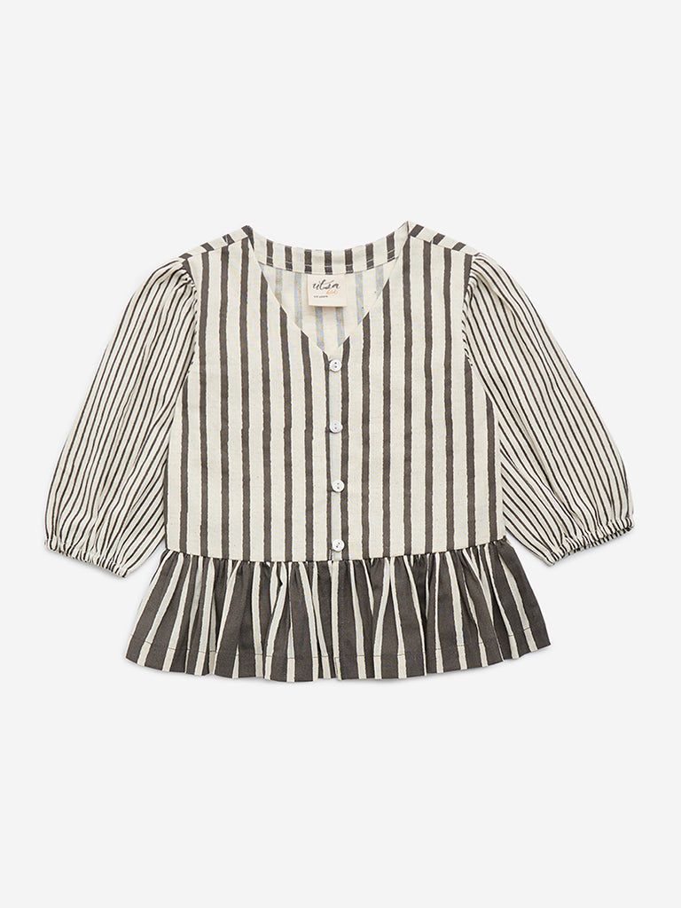 Utsa Kids Off-White Striped Cotton Peplum Top