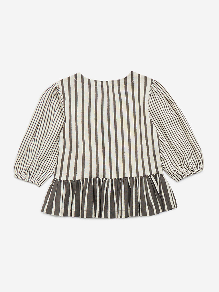 Utsa Kids Off-White Striped Cotton Peplum Top