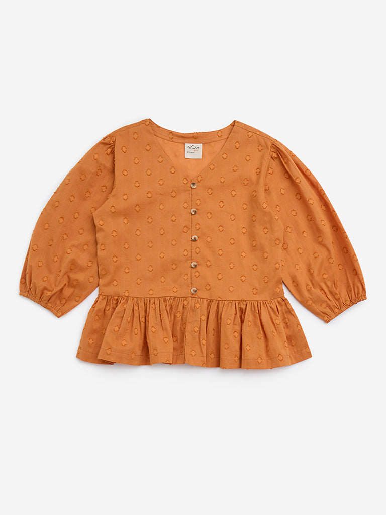 Utsa Kids Orange Embroidery Cotton Peplum Top - (8-14yrs)