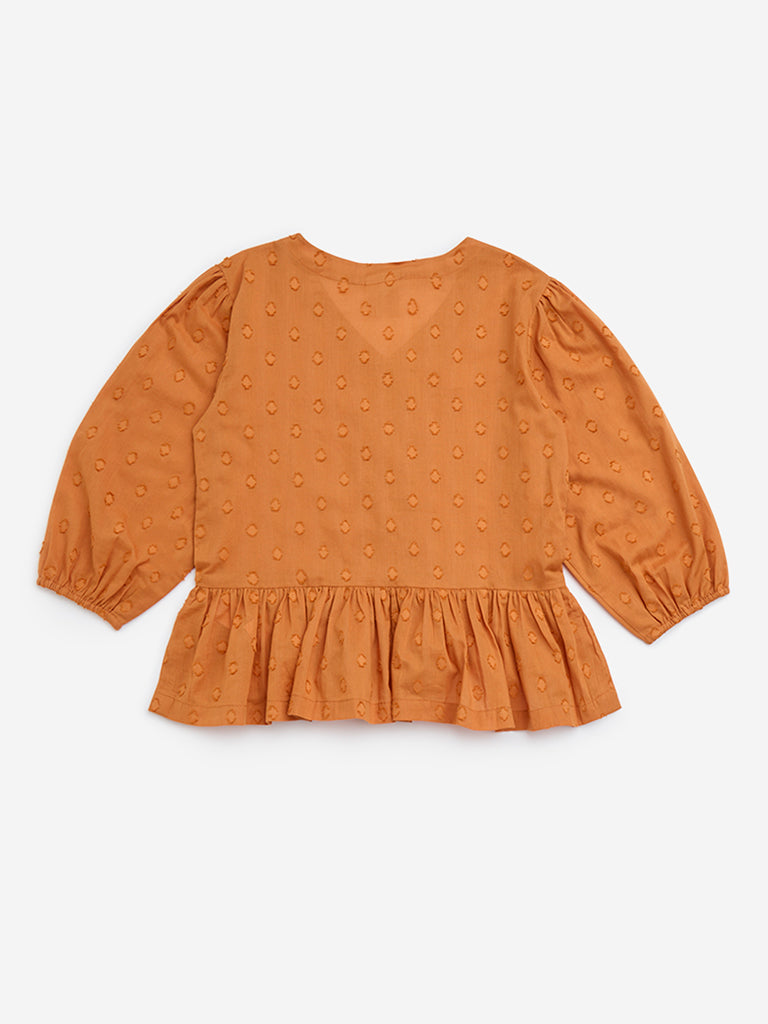 Utsa Kids Orange Embroidery Cotton Peplum Top - (8-14yrs)