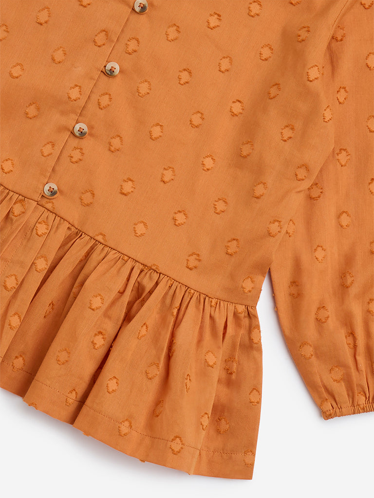 Utsa Kids Orange Embroidery Cotton Peplum Top - (8-14yrs)