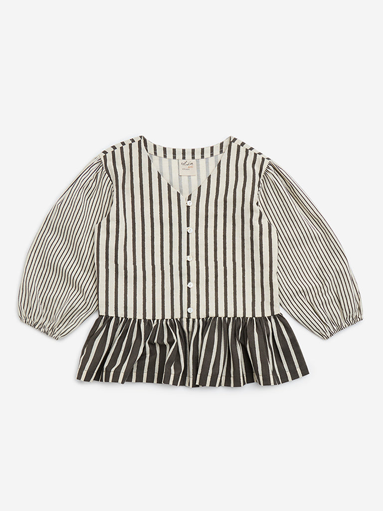 Utsa Kids Off-White Striped Cotton Peplum Top - (8-14yrs)