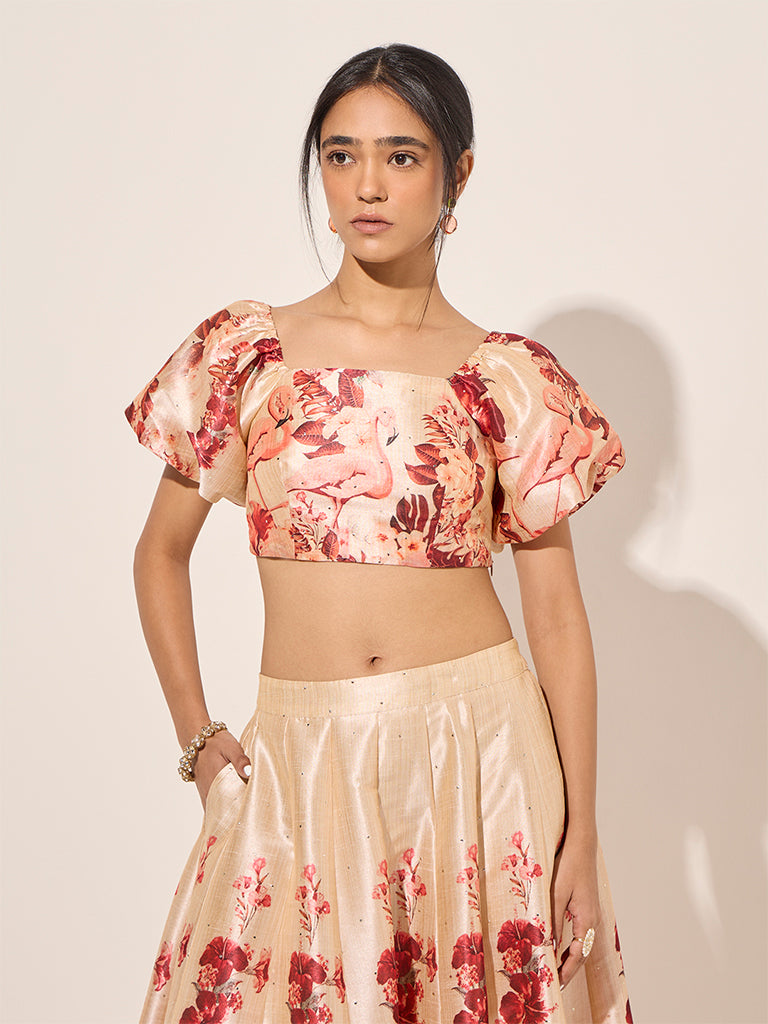 Vark Beige Floral Printed Ethnic Top