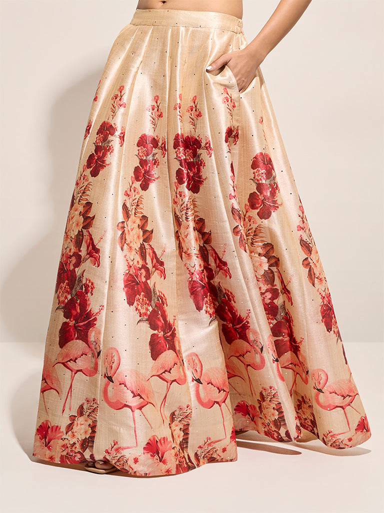 Vark Beige Floral Printed Skirt