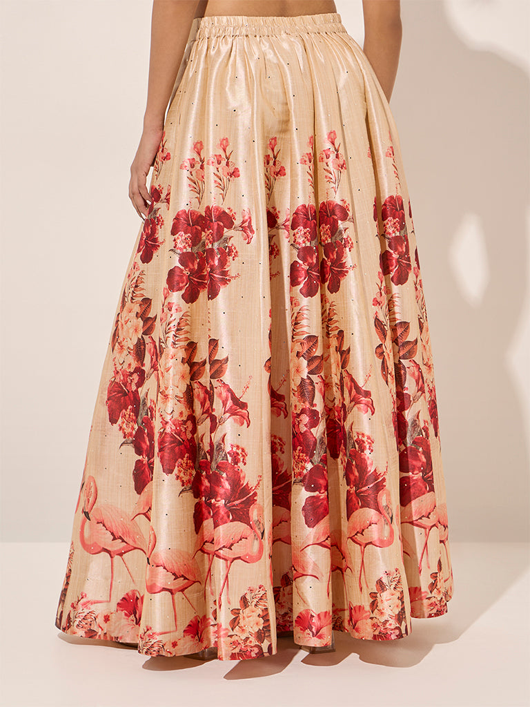 Vark Beige Floral Printed Skirt