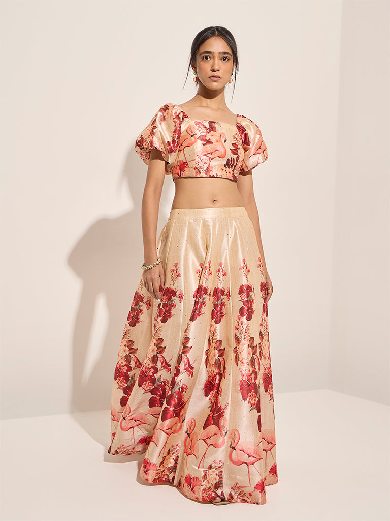 Vark Beige Floral Printed Skirt