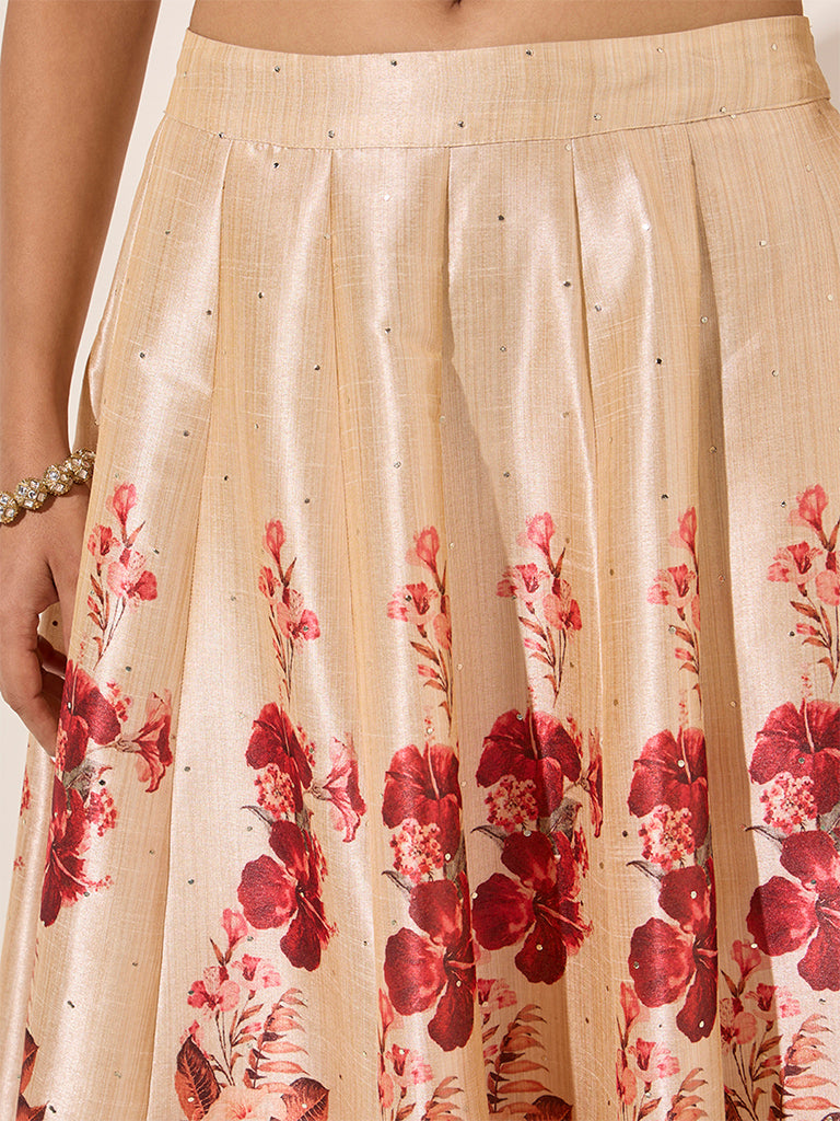 Vark Beige Floral Printed Skirt