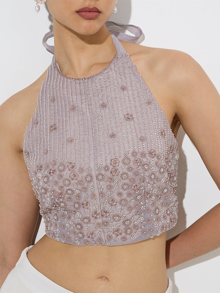 Vark Mauve Floral Embroidered Halter-Neck Top