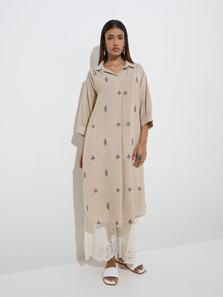 Utsa Beige Leaf Embroidered A-Line Cotton Kurta