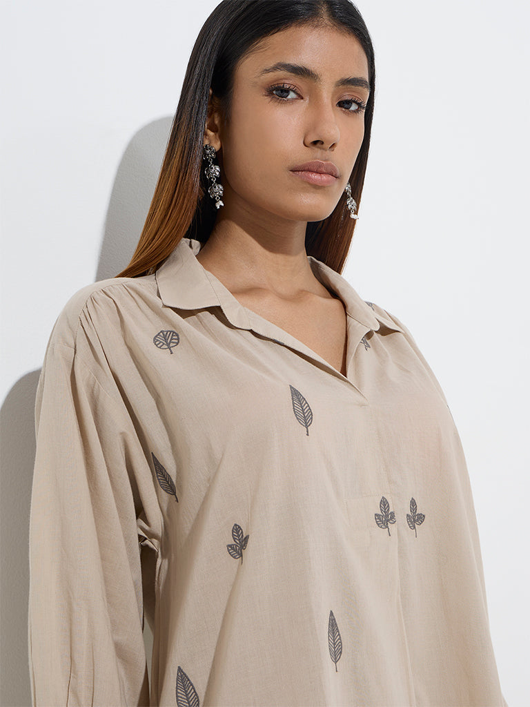 Utsa Beige Leaf Embroidered A-Line Cotton Kurta