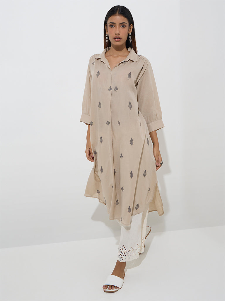 Utsa Beige Leaf Embroidered A-Line Cotton Kurta