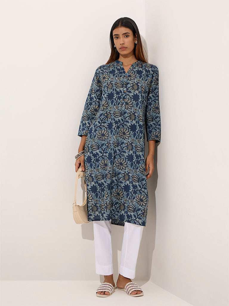 Utsa Indigo Lotus Printed Cotton Straight Kurta