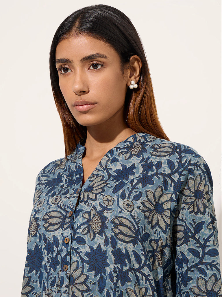 Utsa Indigo Lotus Printed Cotton Straight Kurta