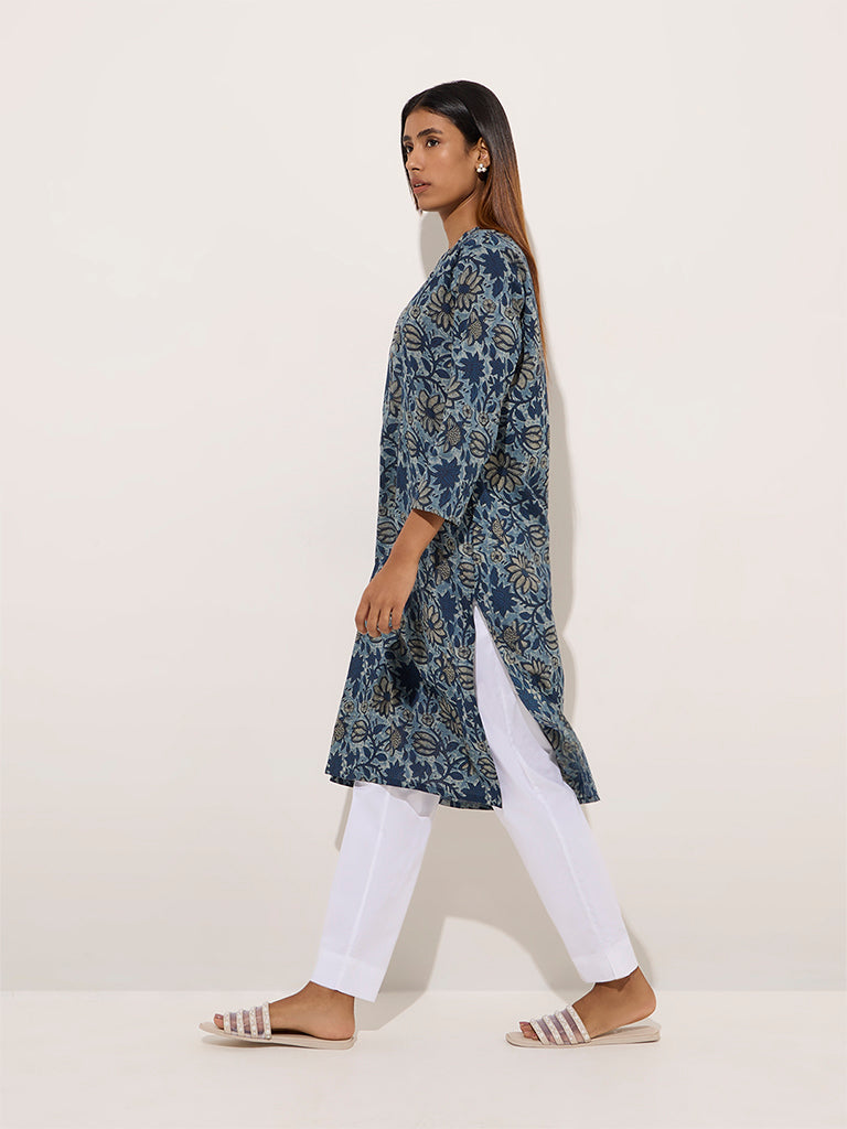 Utsa Indigo Lotus Printed Cotton Straight Kurta