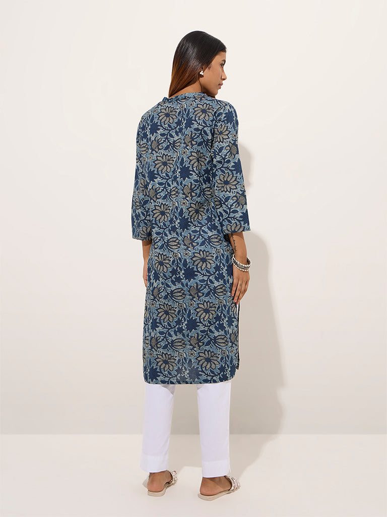 Utsa Indigo Lotus Printed Cotton Straight Kurta