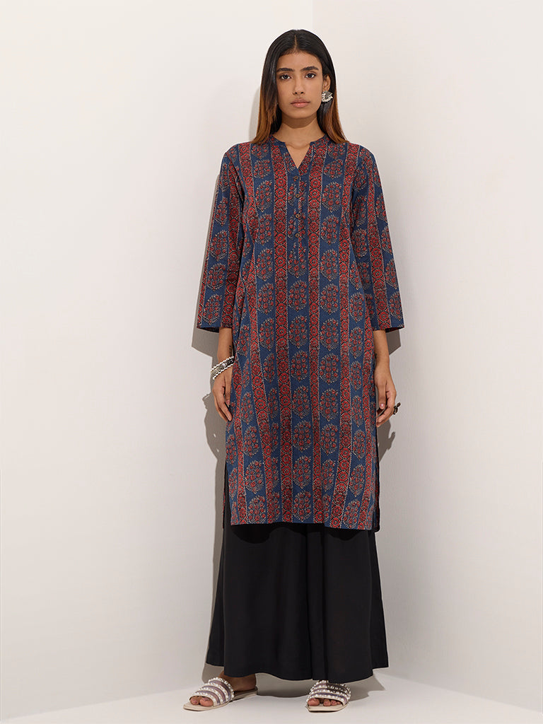 Utsa Indigo Paisley Printed Straight Cotton Kurta