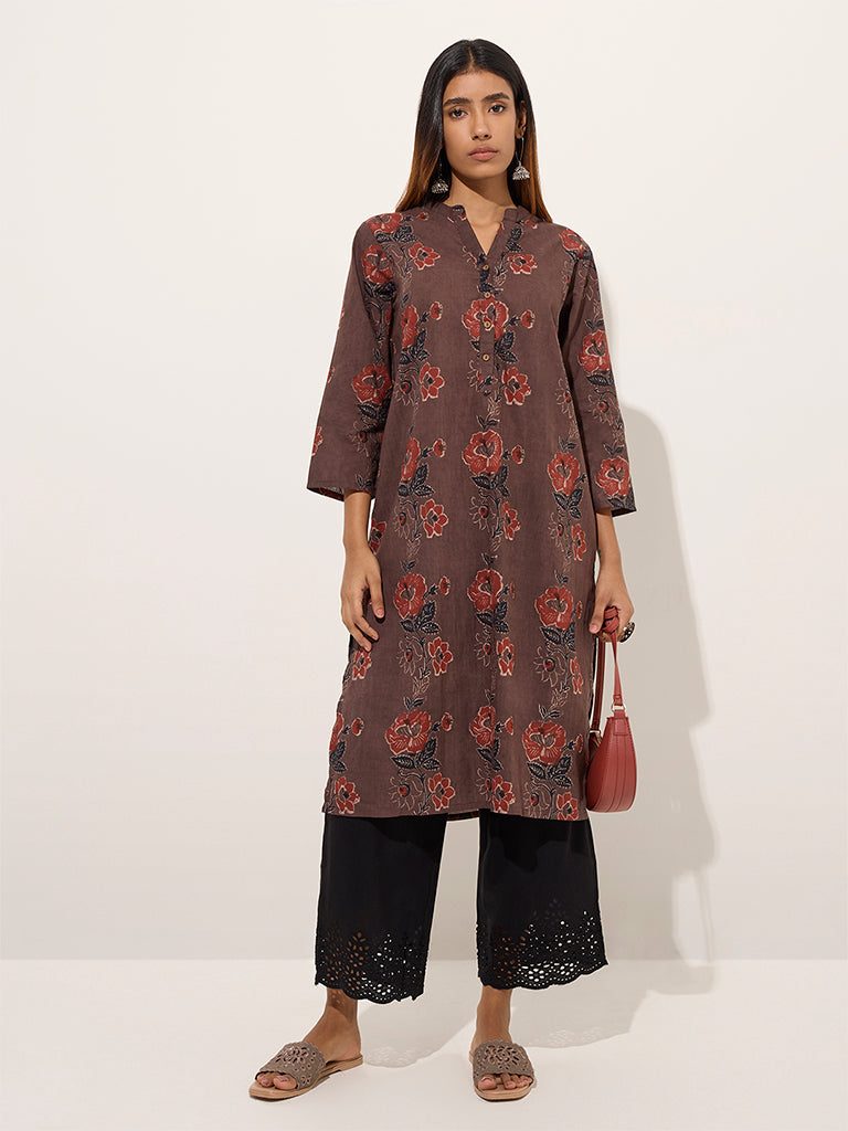 Utsa Brown Floral Printed Straight Cotton Kurta