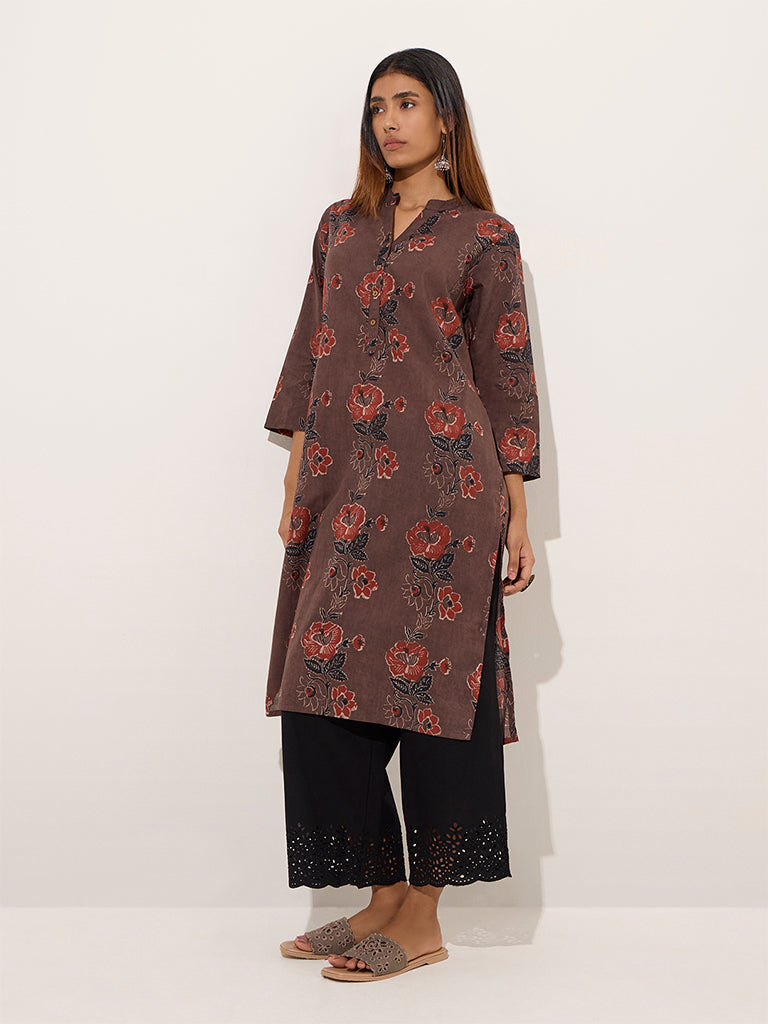 Utsa Brown Floral Printed Straight Cotton Kurta