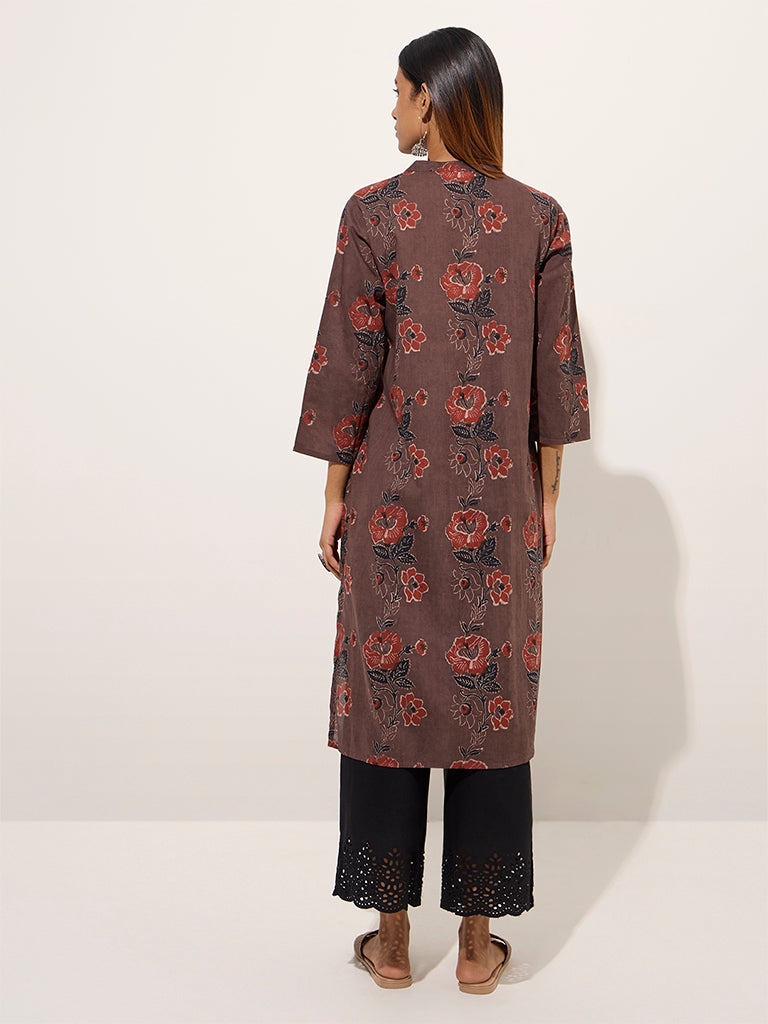 Utsa Brown Floral Printed Straight Cotton Kurta