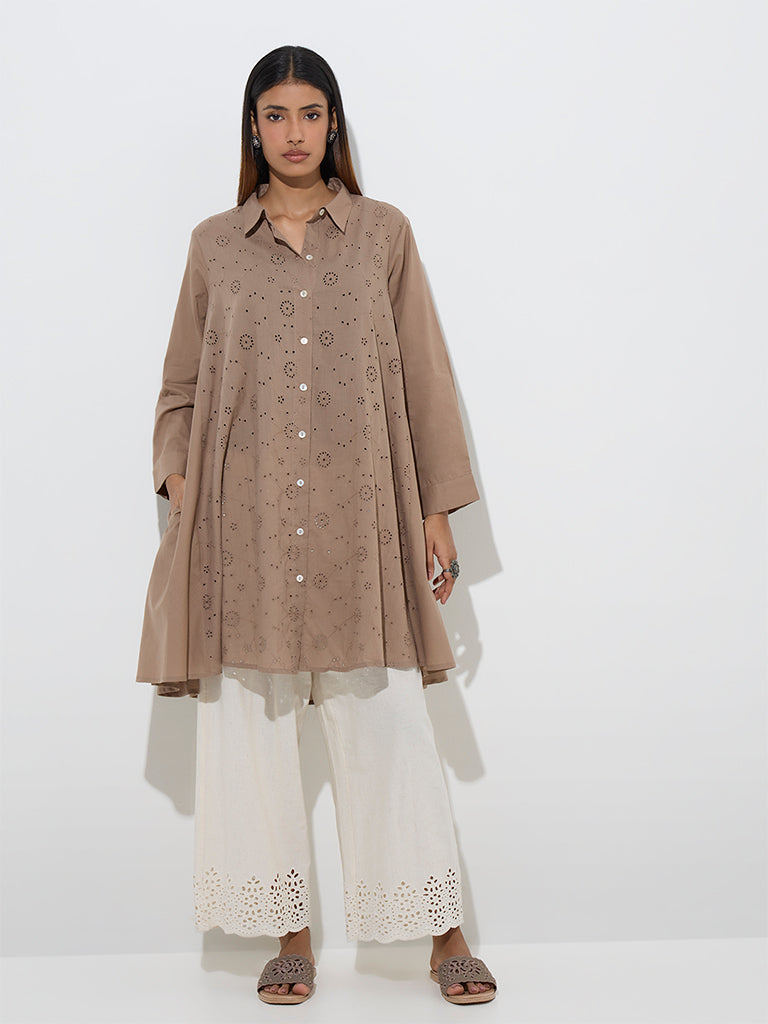 Utsa Taupe Schiffli Detailed Cotton Tunic