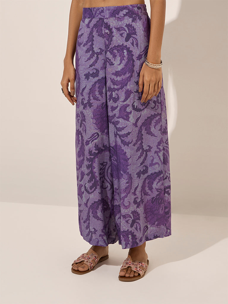 Utsa Purple Botanical Printed Palazzos