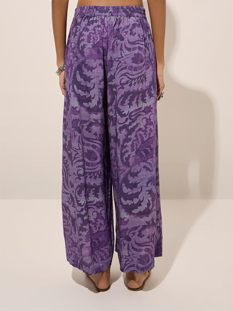 Utsa Purple Botanical Printed Palazzos