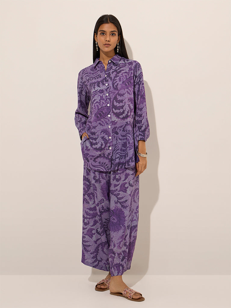 Utsa Purple Botanical Printed Palazzos