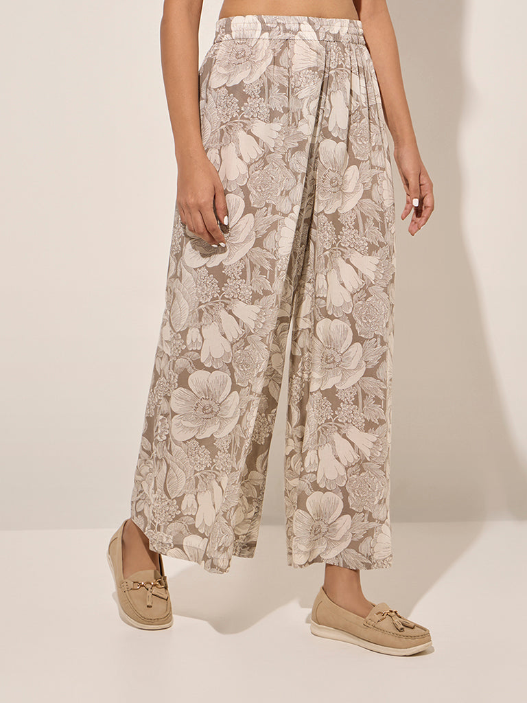 Zuba Brown Floral Printed Cotton Ethnic Pants