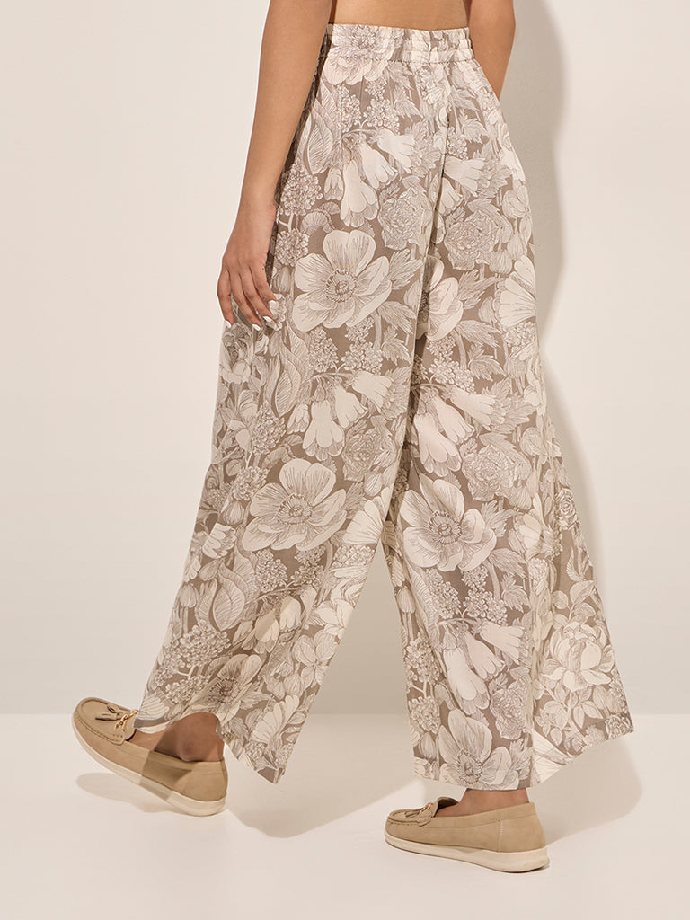 Zuba Brown Floral Printed Cotton Ethnic Pants